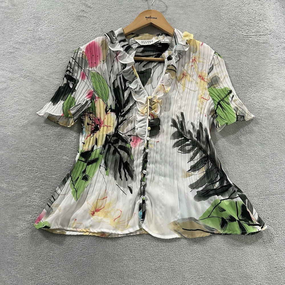 Vtg Allison Taylor Stretch Button Shirt Short Sleeve Women M Ruffle Floral Y2K